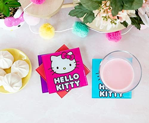 Sanrio Hello Kitty Colors תחתיות זכוכית למשקאות, סט של 4 | הגנה על שולחן השולחן למטבח ביתי, שולחן